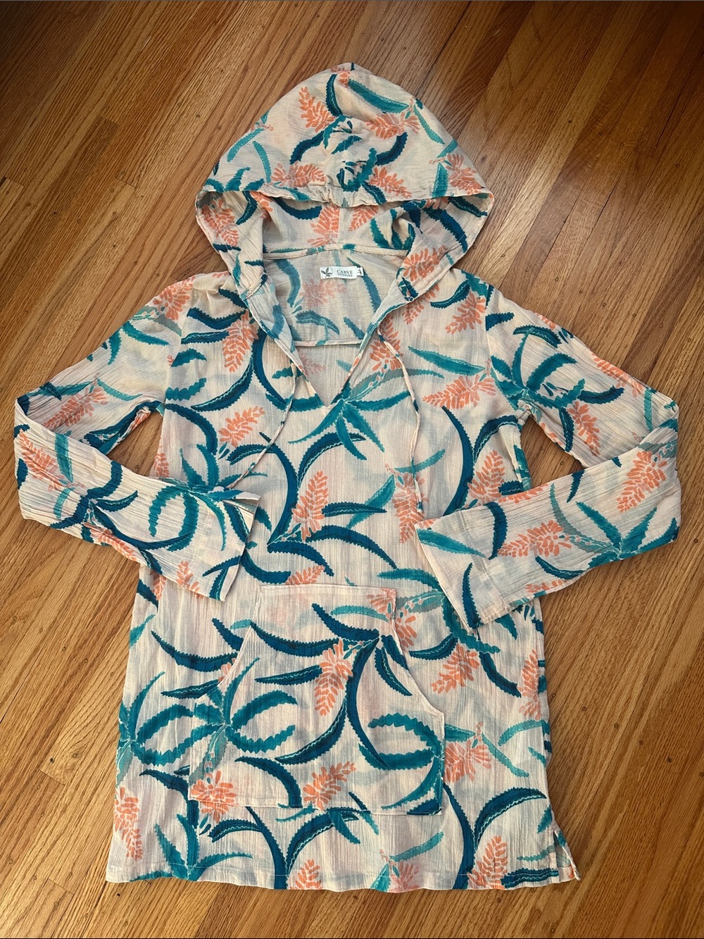 Carve Designs Swim Cover-up with hood Teal & Coral Leaf Pattern